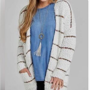 Altar’d State White Striped Eyelash Cardigan Sweater Open Front Pockets